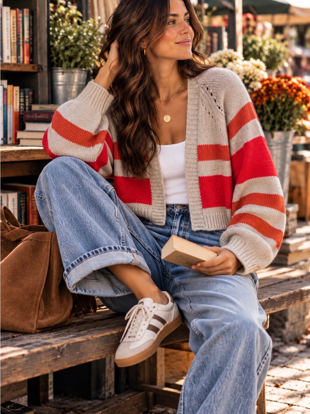 Velvet by Graham & Spencer Stripe Tan/Red/Orange Alpaca Blend Open Cardigan-SM